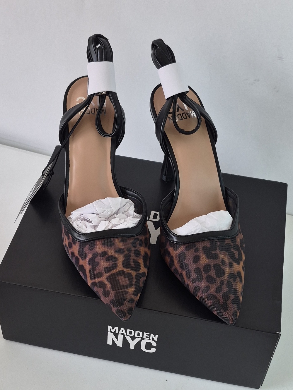 Madden NYC Leopard Pointed Toe Ankle Strap Heels - Black/Brown Size 10